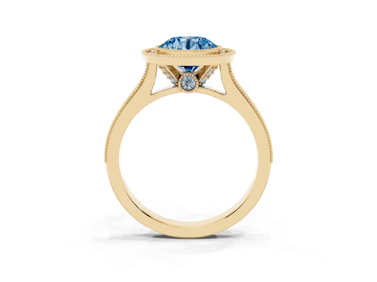 Fancy Blue Halo Round Cut-Cut Diamond Pave Band Milgrain Prong Setting Ring Yellow gold