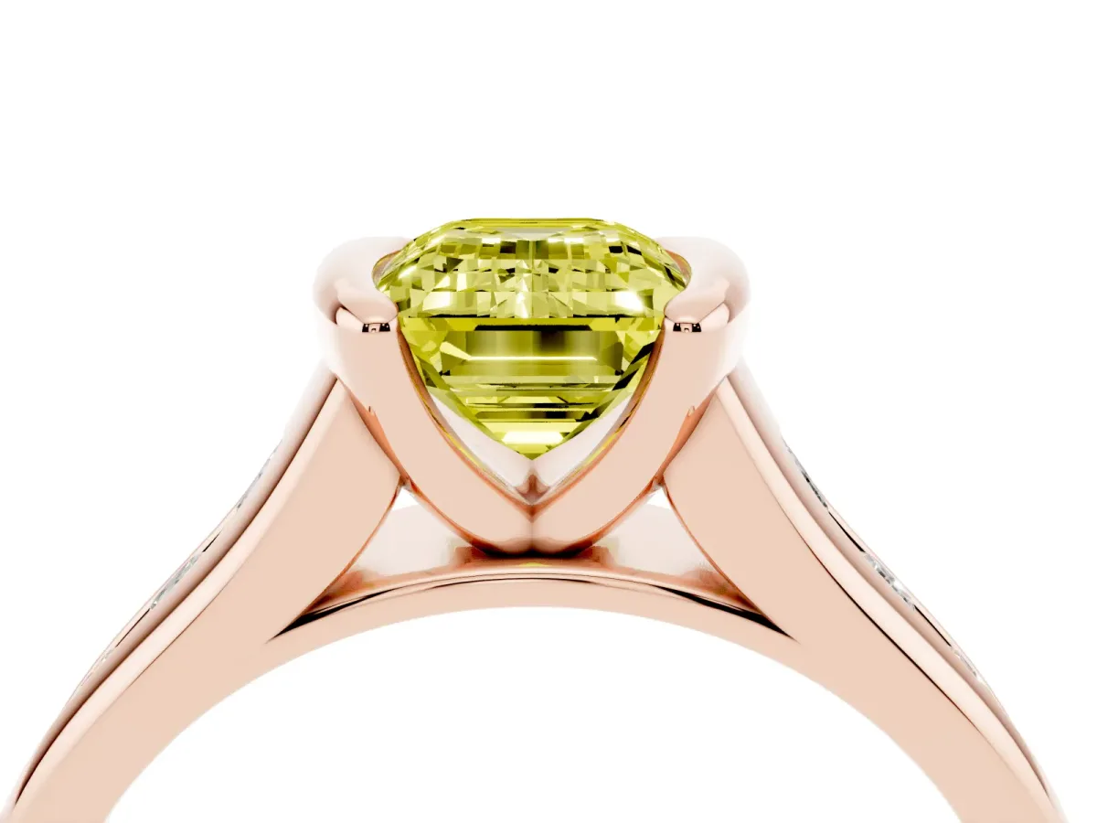 Fancy Yellow Emerald Cut Solitaire Bezel-Set Diamond Ring with Channel-Set Band Rose gold