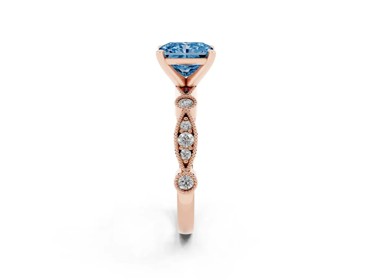 Fancy Blue Radiant Cut Milgrain Bezel Diamond Engagement Ring with Solitaire Prong Setting Rose gold