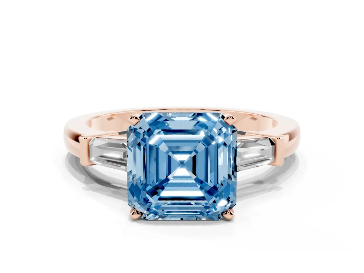 Fancy Blue Asscher Cut Cut Diamond Solitaire Ring with Tapered Baguette Accents and Four-Prong Setting Rose gold