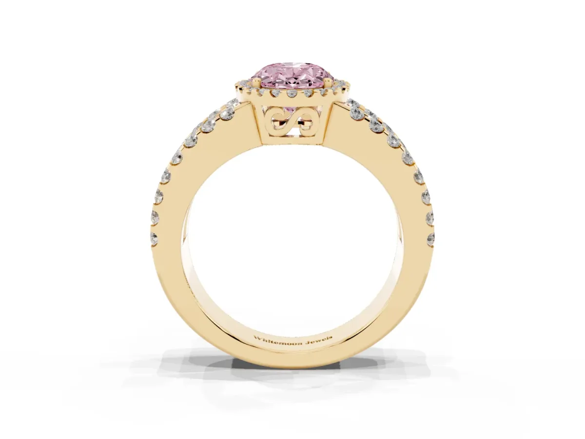 Fancy Pink Oval Cut Cut Halo Split Shank Diamond Ring with Four-Prong Setting Yellow gold