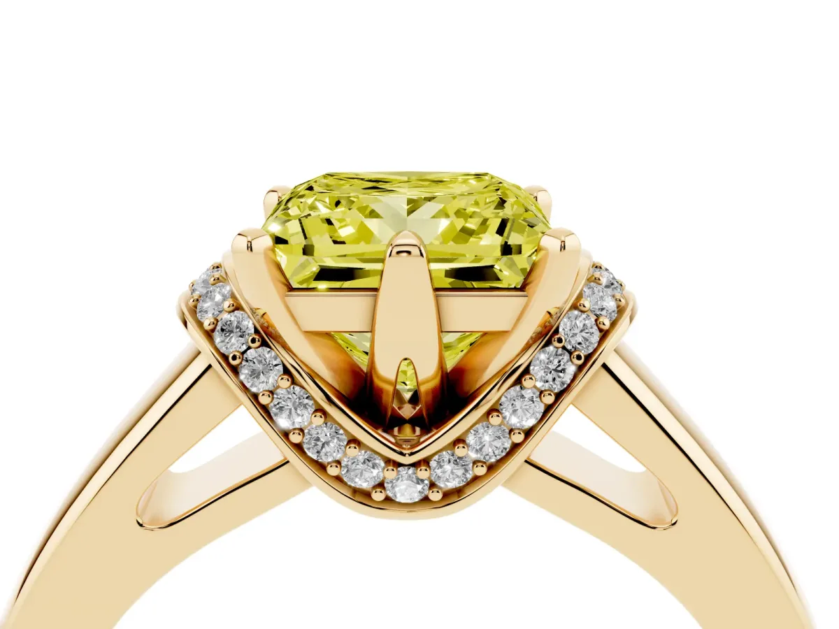 Fancy Yellow Princess Cut Solitaire Diamond Ring with Pave Band and Six-Prong Setting Yellow gold