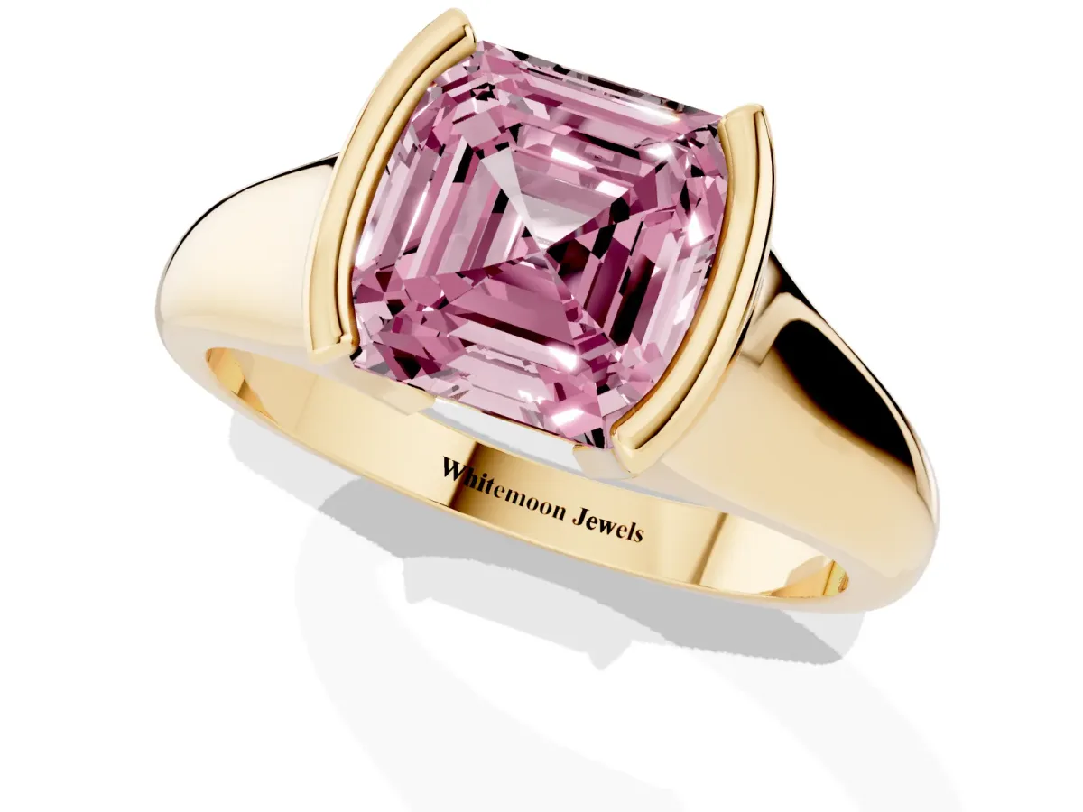 Fancy Pink Asscher Cut Solitaire Tension Set Diamond Ring with Split Shank Band Yellow gold
