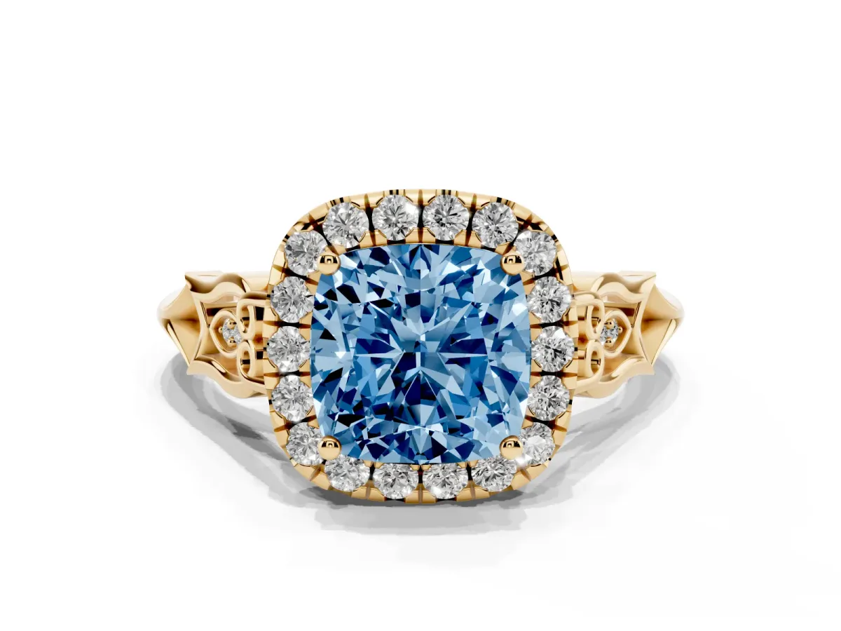 Fancy Blue Cushion Cut Halo Diamond Engagement Ring with Filigree Band and Four-Prong Setting Yellow gold