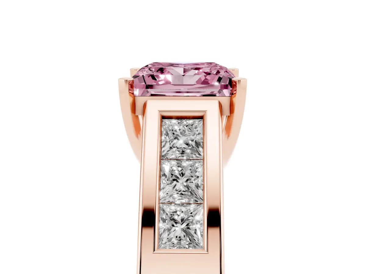 Fancy Pink Princess Cut Cut Channel Set Solitaire Ring with Four-Prong Setting Rose gold