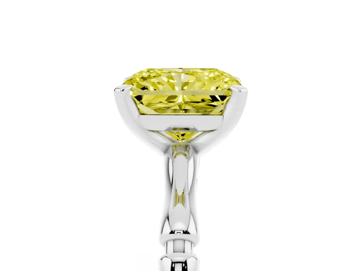 Fancy Yellow Radiant Cut Solitaire Diamond Ring with Bamboo Band and Four-Prong Setting Silver
