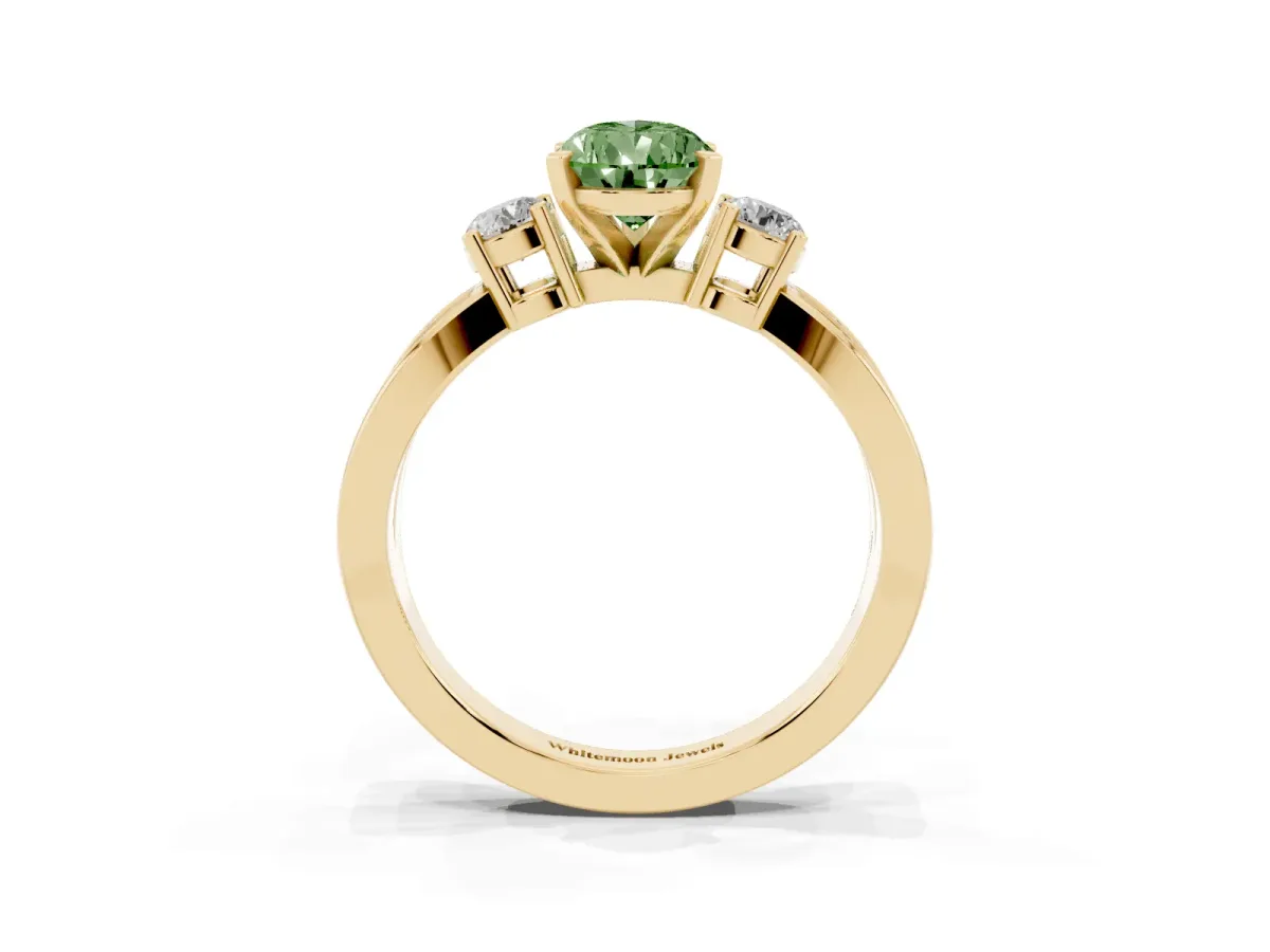 Fancy Green Three-Stone Pear Cut Cut Diamond Twist Band with Prong Setting Yellow gold