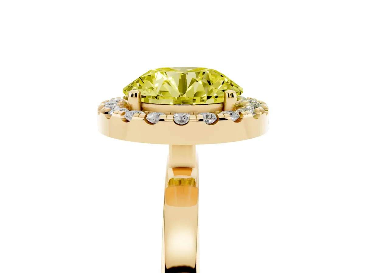 Fancy Yellow Round Cut Halo Diamond Solitaire with Pavé Band and Four-Prong Setting Yellow gold