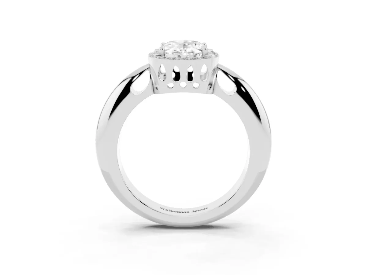Oval Cut Cut Diamond Halo Engagement Ring with Split Shank and Four-Prong Setting Silver