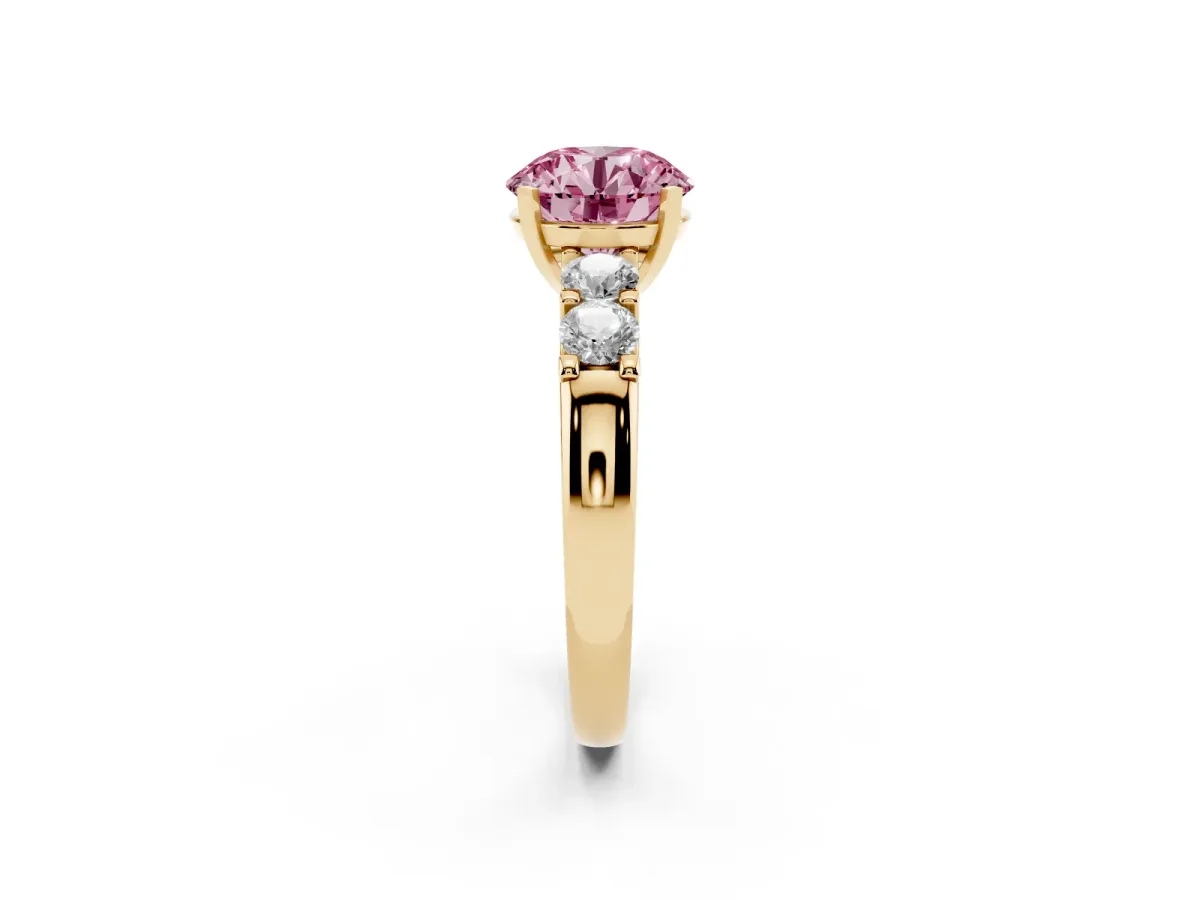 Fancy Pink Round Cut Brilliant Cut Diamond Five-Stone Prong Set Engagement Ring with Channel Band Yellow gold