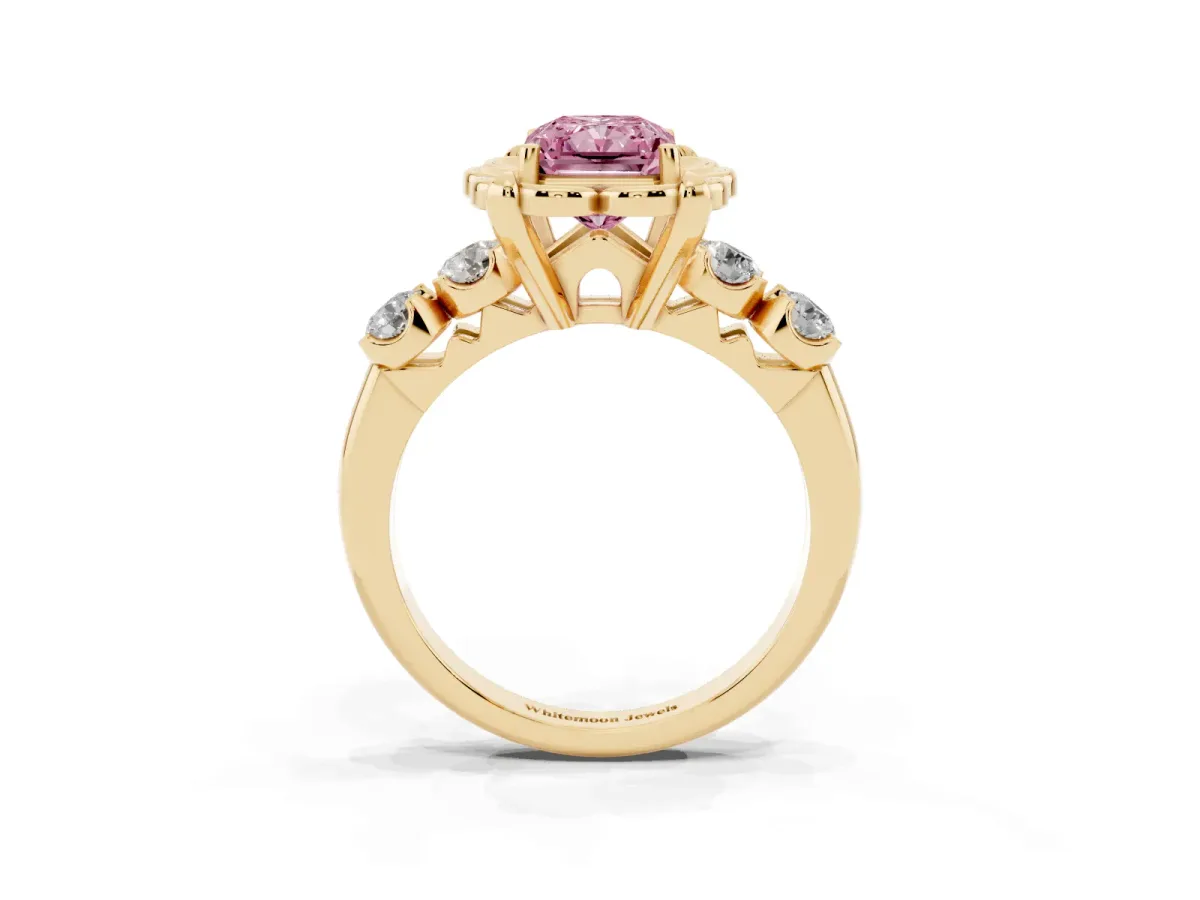 Fancy Pink Radiant Cut Cut Diamond Floral Halo Engagement Ring with Shared Prong Setting Yellow gold