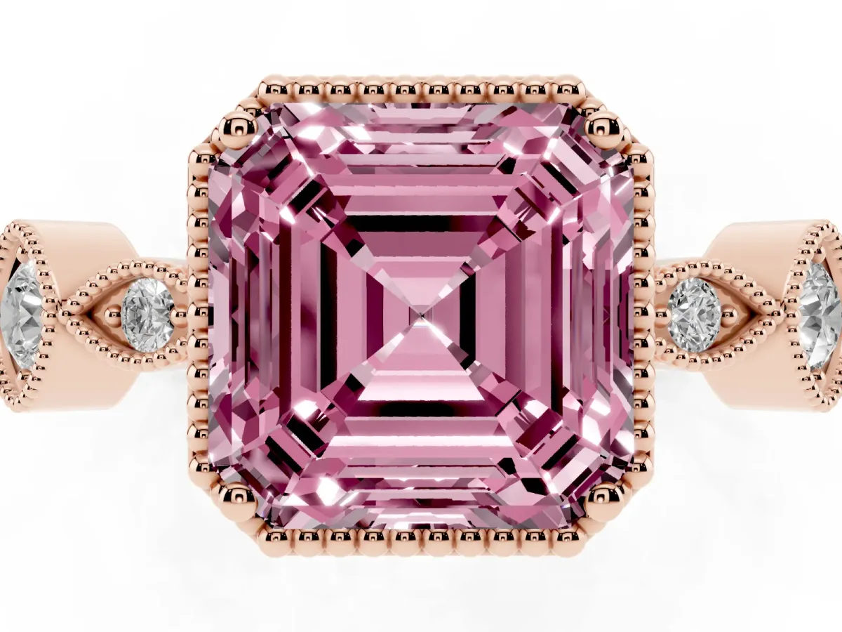 Fancy Pink Asscher Cut Diamond Vintage Milgrain Ring with Round Stations Rose gold