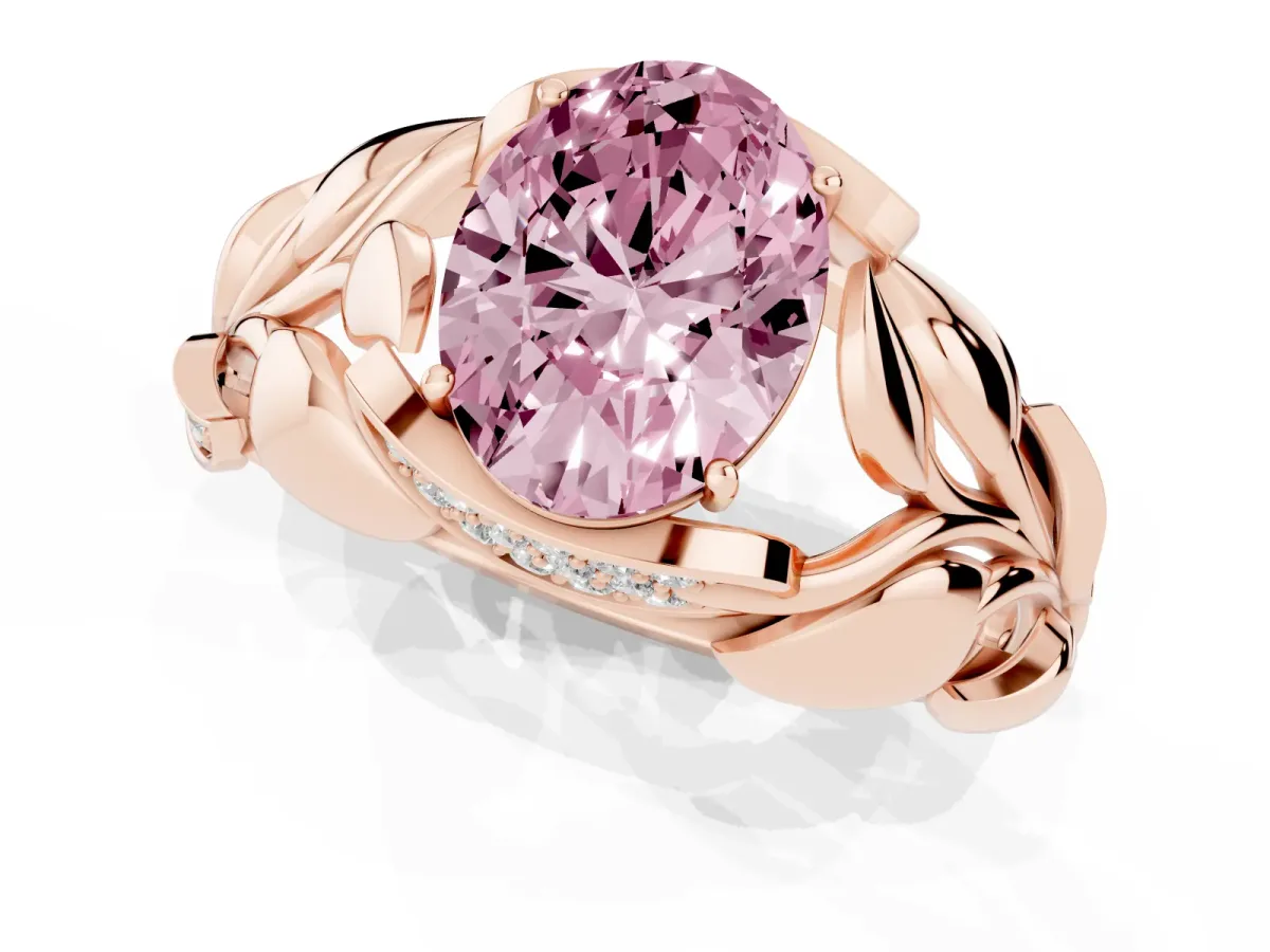 Fancy Pink Oval Cut Diamond Leaf-Inspired Engagement Ring with Round Accents and Prong Setting Rose gold