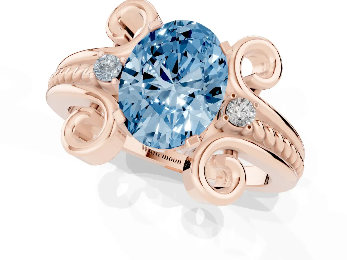 Fancy Blue Oval Cut Solitaire Twisted Band Scroll Prong Ring Rose gold