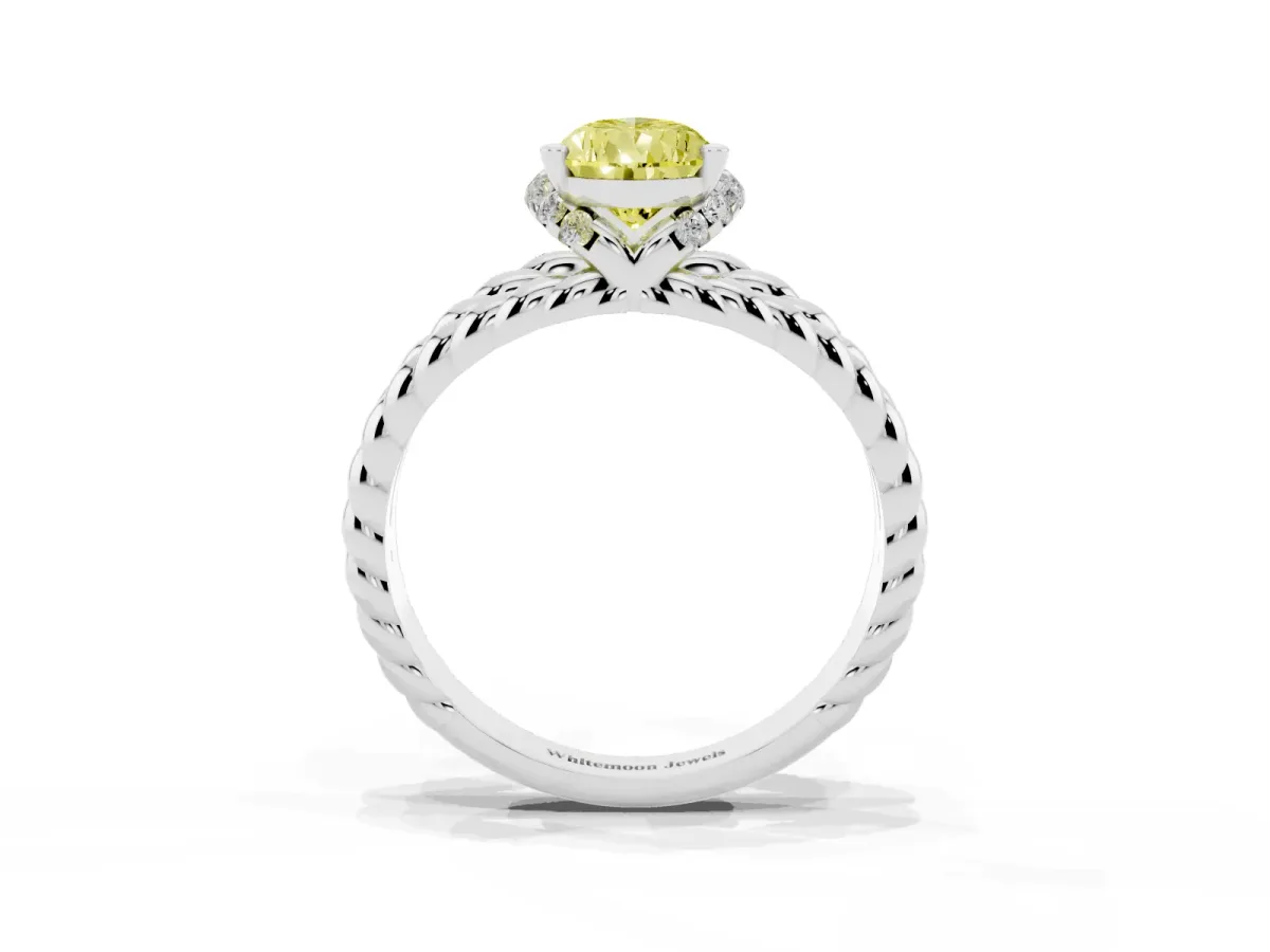 Fancy Yellow Pear Cut Halo Twisted Band Four-Prong Ring Silver