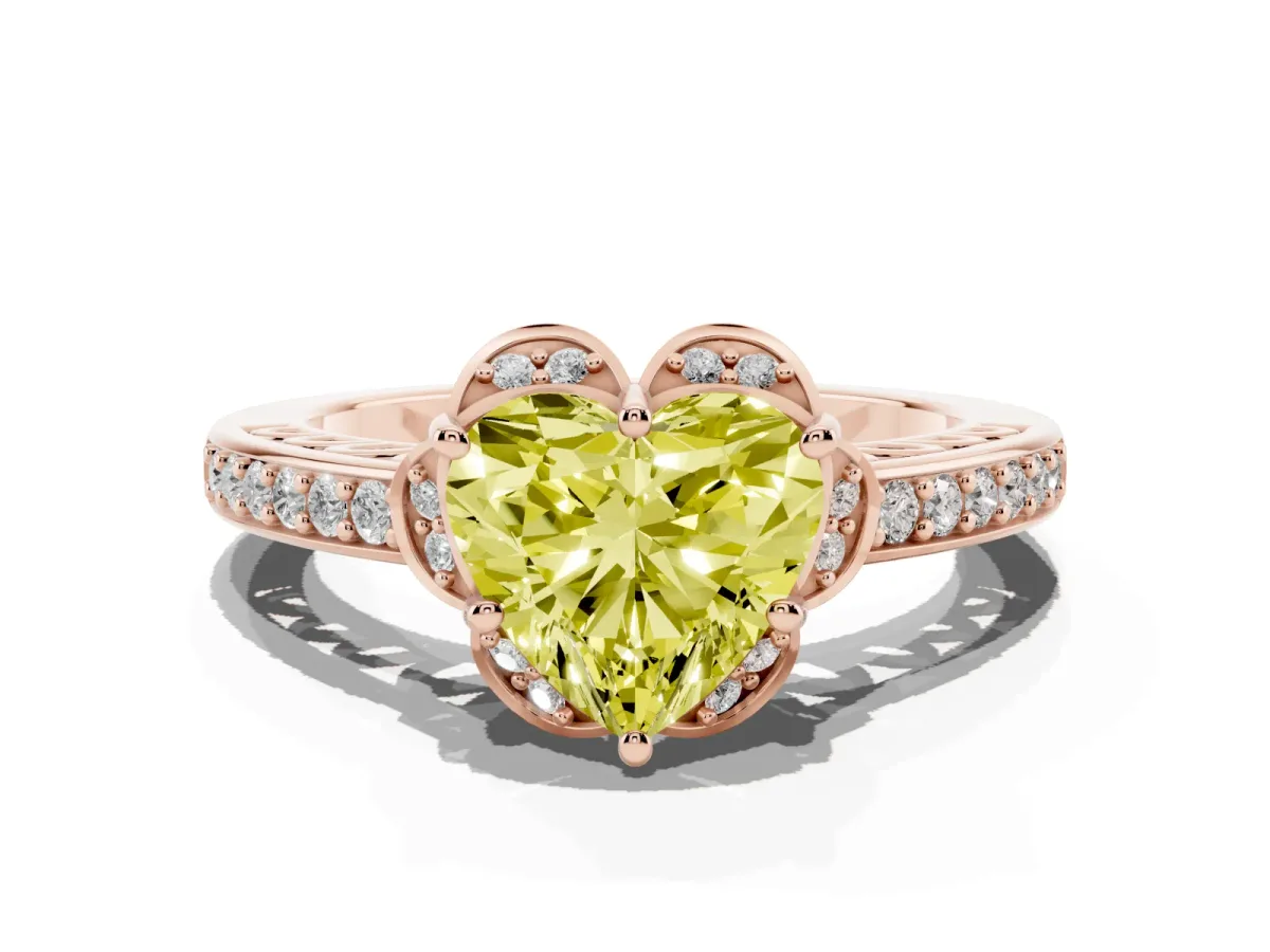 Fancy Yellow Heart Cut Cut Halo Diamond Ring with Channel Set Band and Four-Prong Setting Rose gold