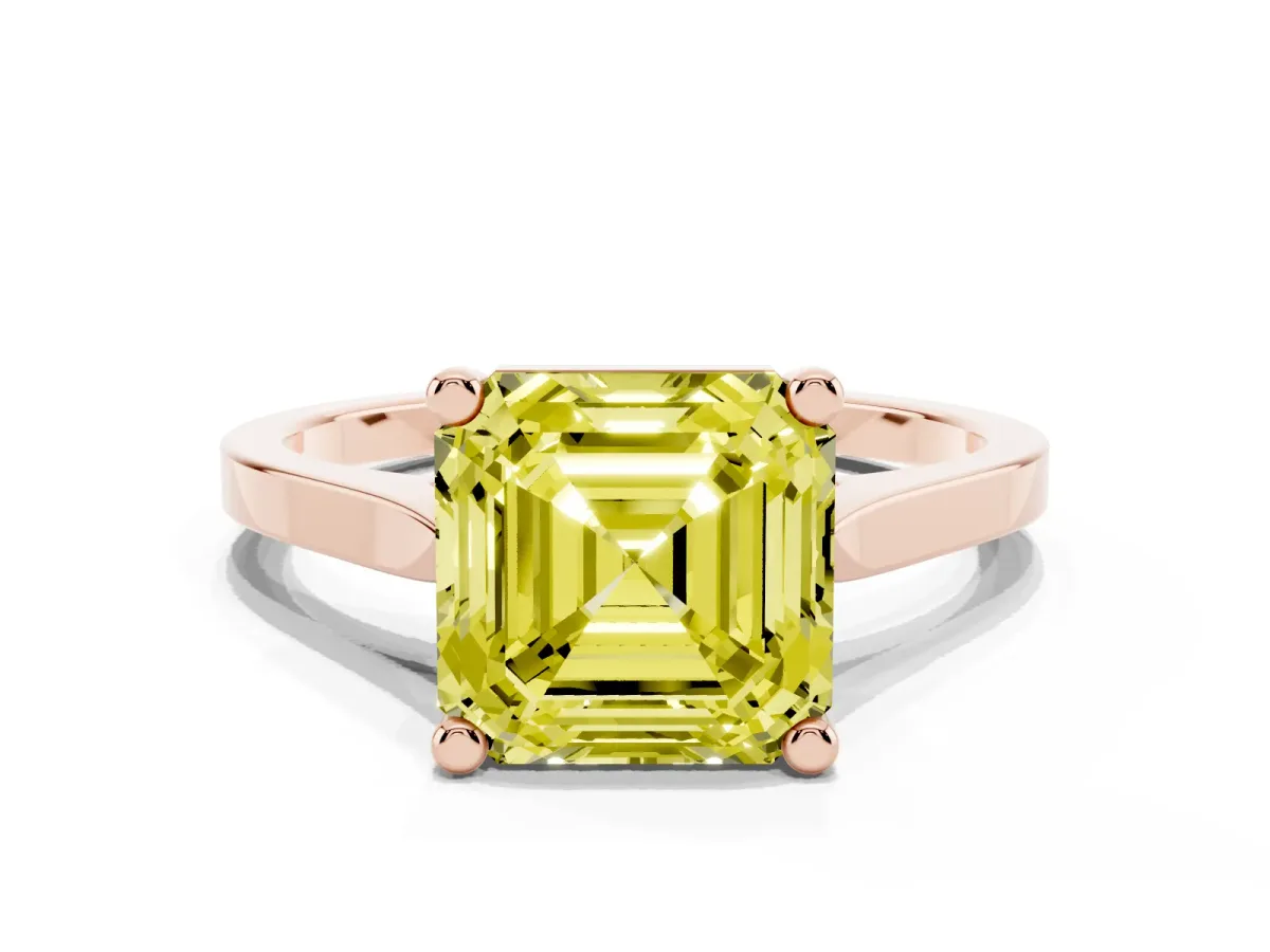 Fancy Yellow Asscher Cut Solitaire Diamond Ring with Four-Prong Setting and Tapered Band Rose gold