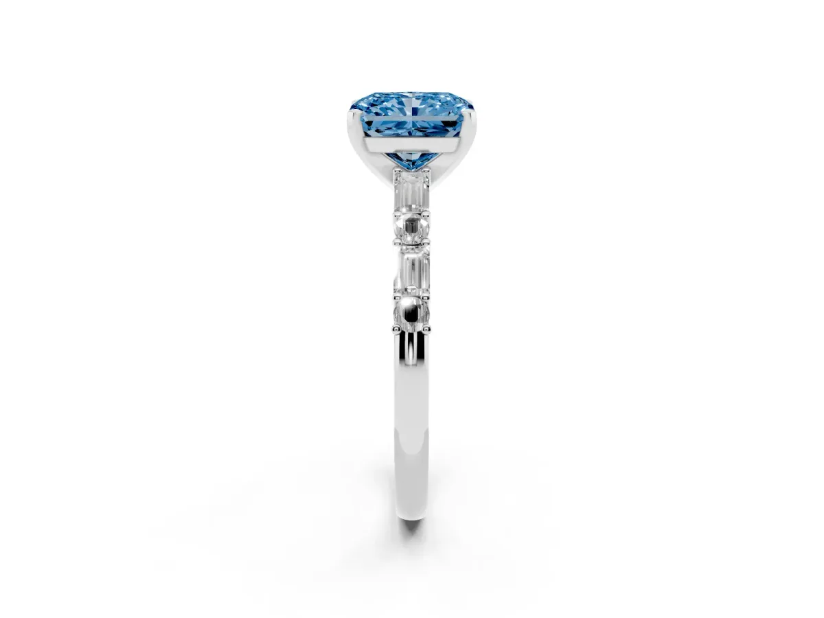 Fancy Blue Radiant Cut Diamond Solitaire with Side Baguettes and Channel Set Band Silver