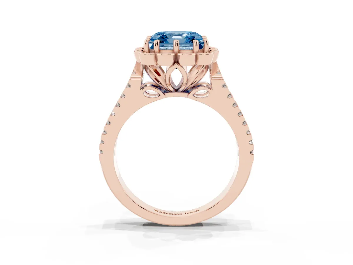 Fancy Blue Asscher Cut Halo Diamond Floral Split Shank Engagement Ring Rose gold