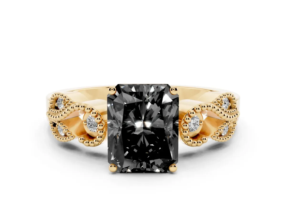 Fancy Black Princess Cut Solitaire Milgrain Leaf Band with Prong Setting Yellow gold
