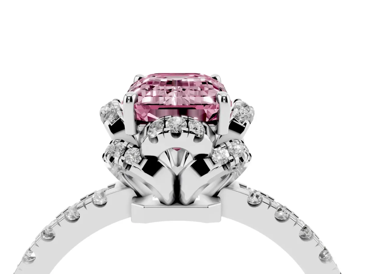 Fancy Pink Emerald Cut Diamond Halo Pave Band with Four-Prong Setting Silver