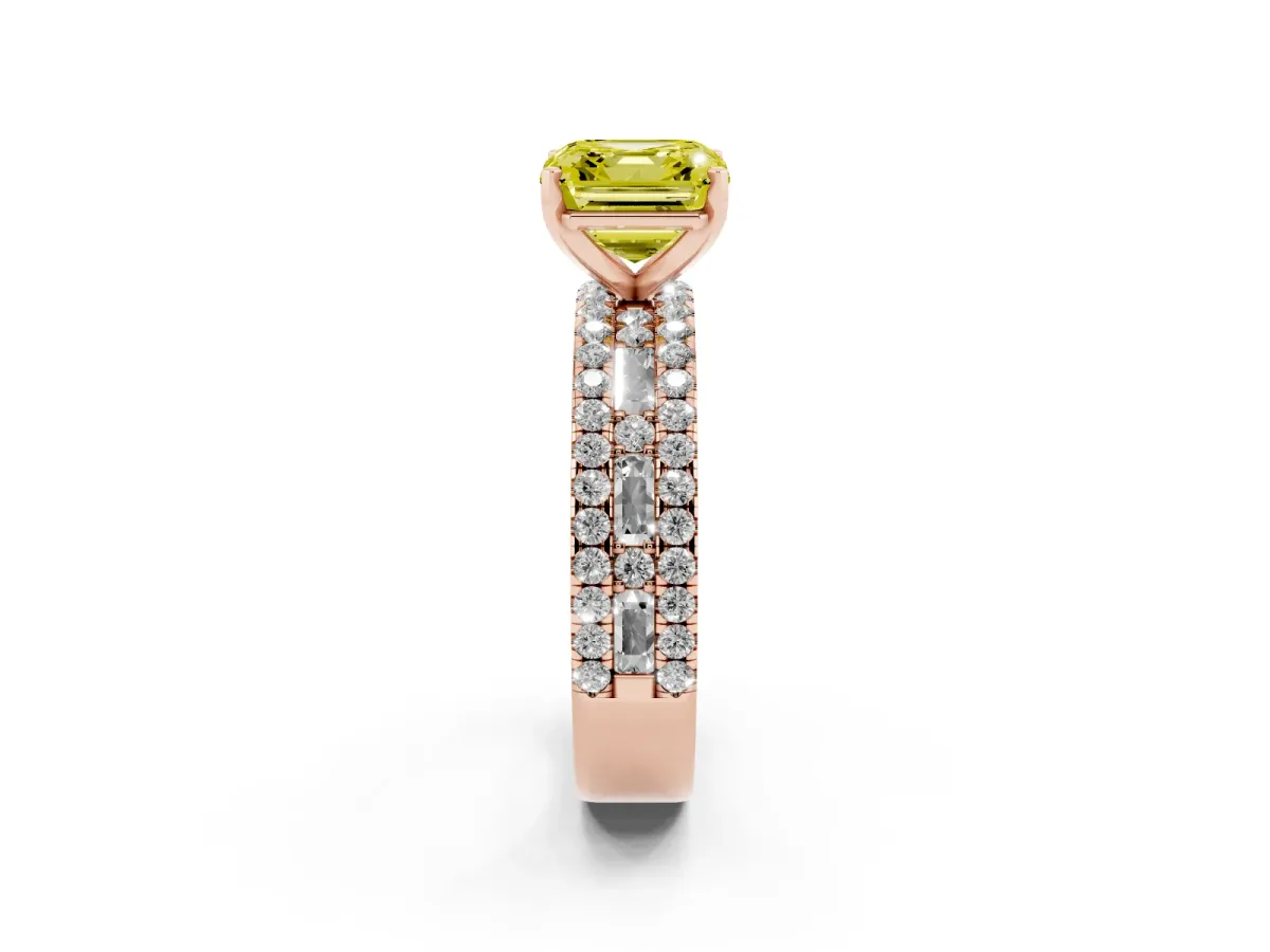 Fancy Yellow Asscher Cut Diamond Solitaire Ring with Pavé and Channel Set Band Rose gold