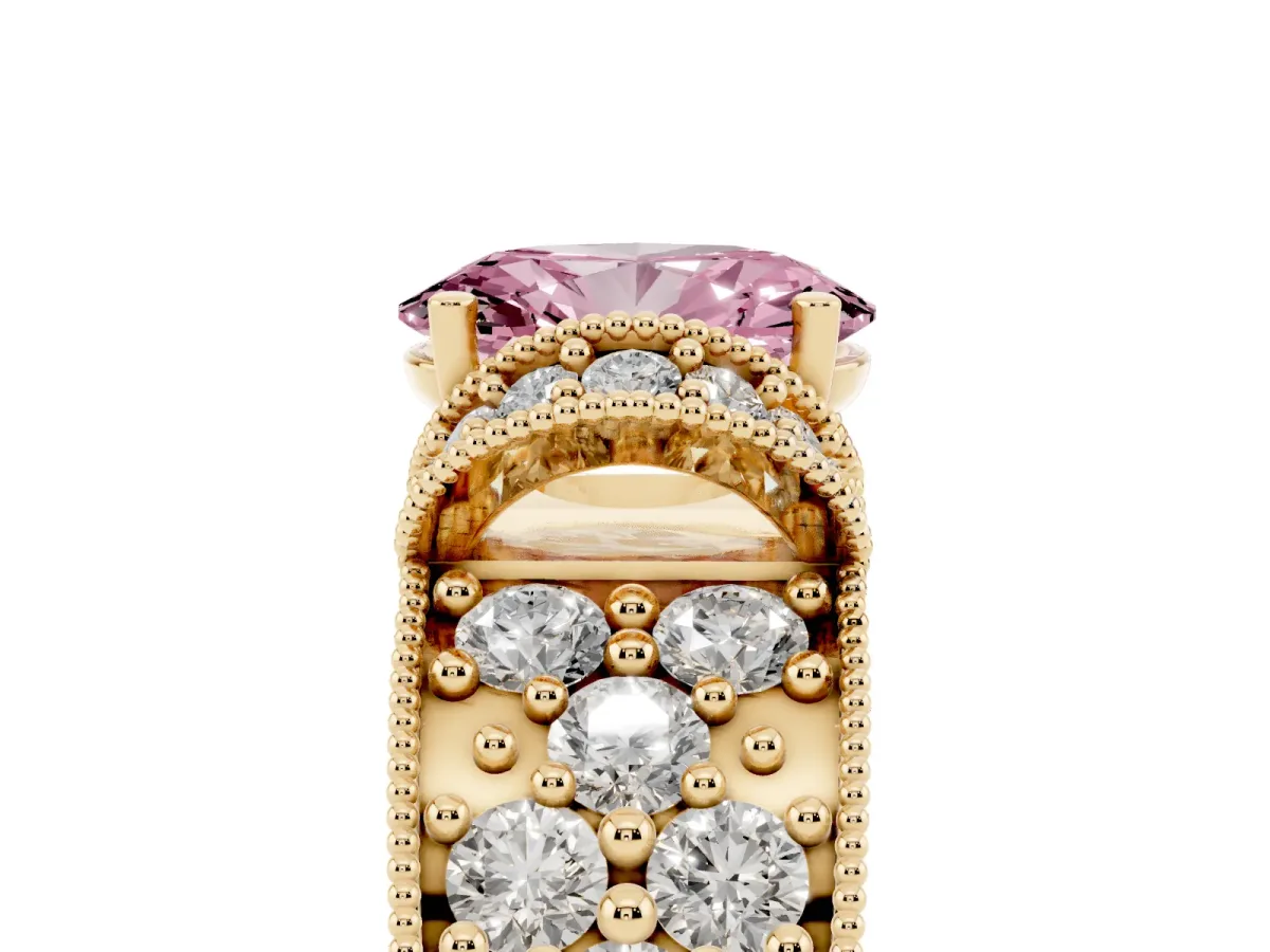 Fancy Pink Oval Cut Halo Pave Diamond Engagement Ring with Milgrain Detailing Yellow gold