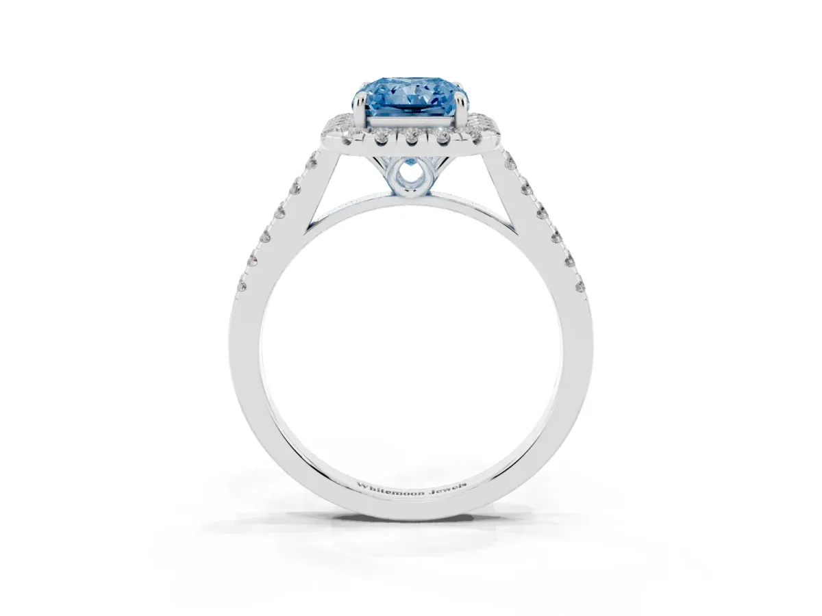 Fancy Blue Radiant Cut Halo Pavé Diamond Engagement Ring with Four-Prong Setting Silver