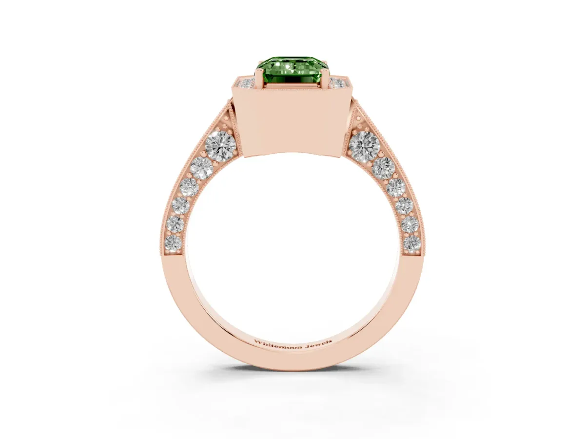 Fancy Green Emerald Cut Halo Diamond Engagement Ring with Split Shank Band and Four-Prong Setting Rose gold