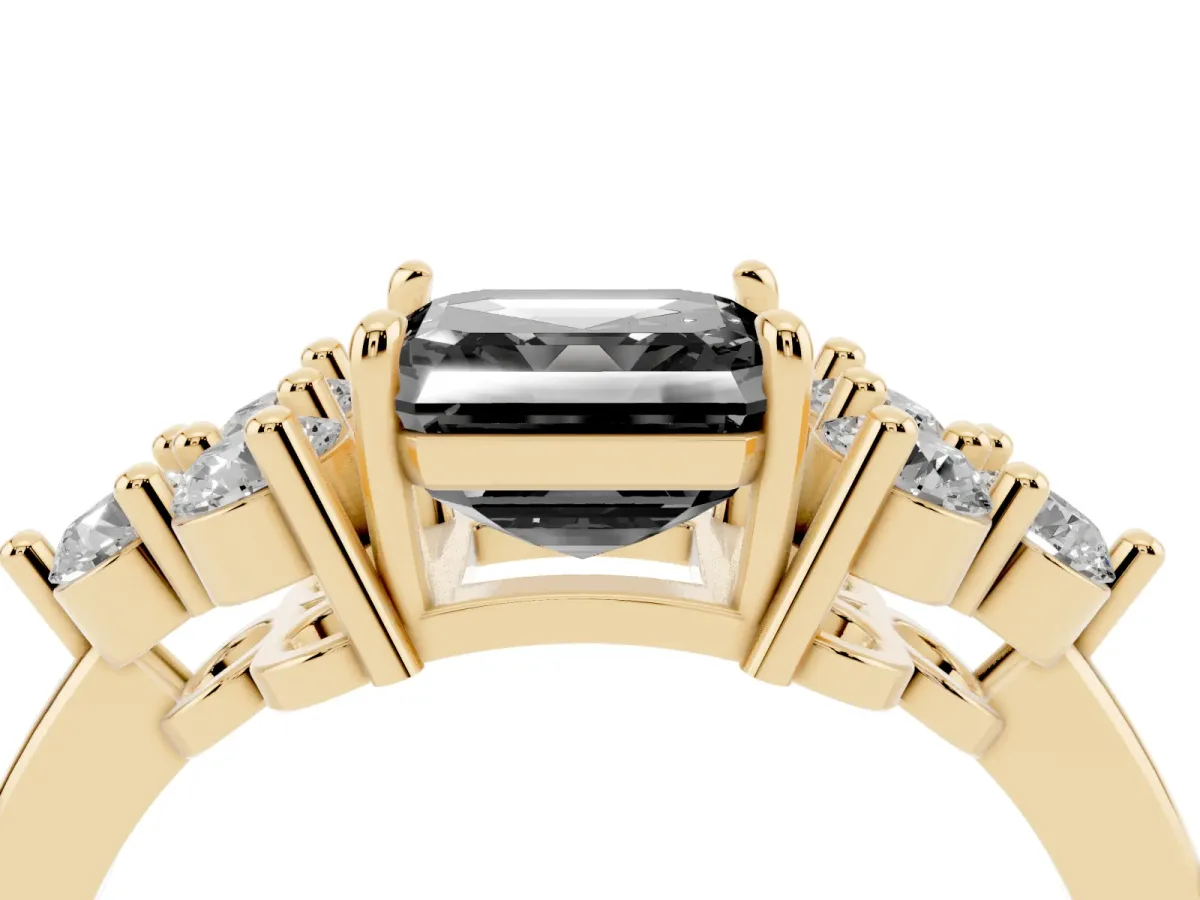 Fancy Black Asscher Cut Brilliant Diamond Cluster Accent Solitaire Ring with Prong Setting Yellow gold