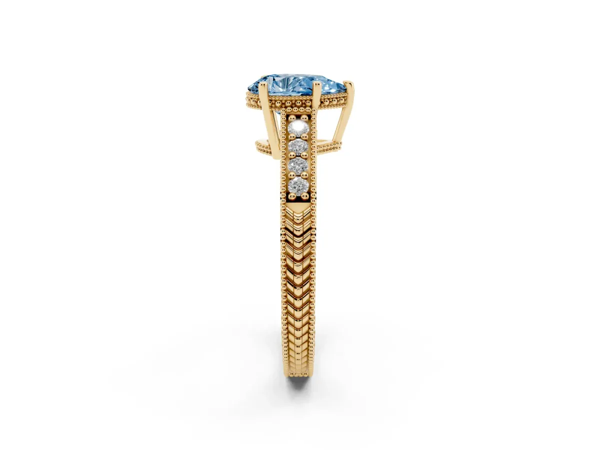 Fancy Blue Pear Cut Solitaire Pavé Diamond Milgrain Engagement Ring with Four-Prong Setting Yellow gold