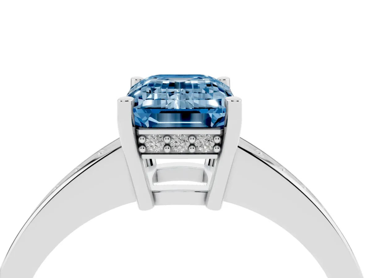 Fancy Blue Emerald Cut Solitaire Pavé Band Prong Setting Ring White gold