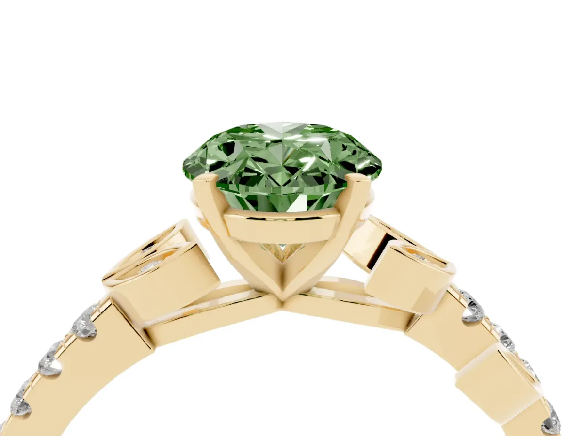Fancy Green Oval Cut Solitaire Leaf-Inspired Diamond Ring with Pavé Band and Four-Prong Setting Yellow gold