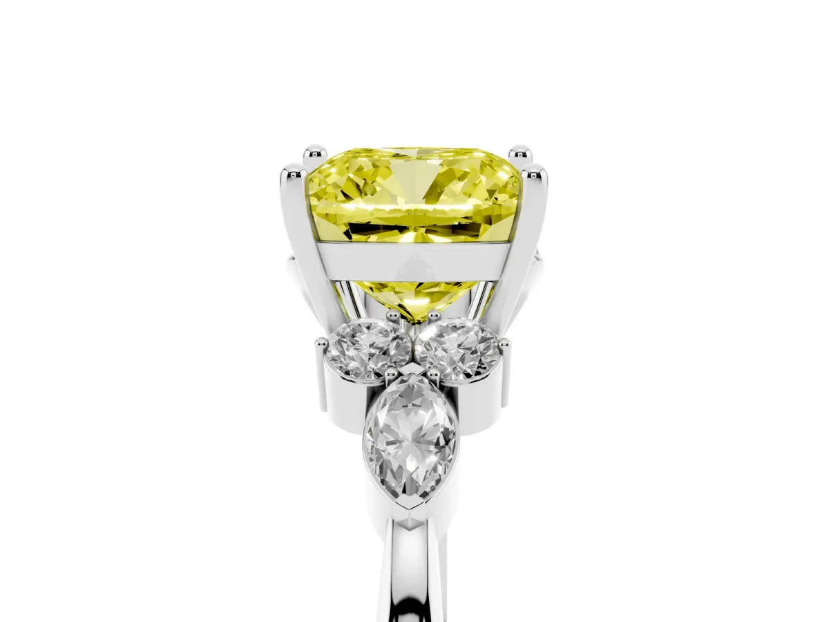 Fancy Yellow Cushion Cut Brilliant Diamond Solitaire Ring with Pear Side Stones and Four-Prong Setting Platinum