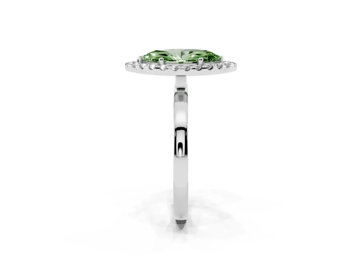 Fancy Green Marquise Cut Halo Diamond Solitaire with Pavé Band and Four-Prong Setting White gold