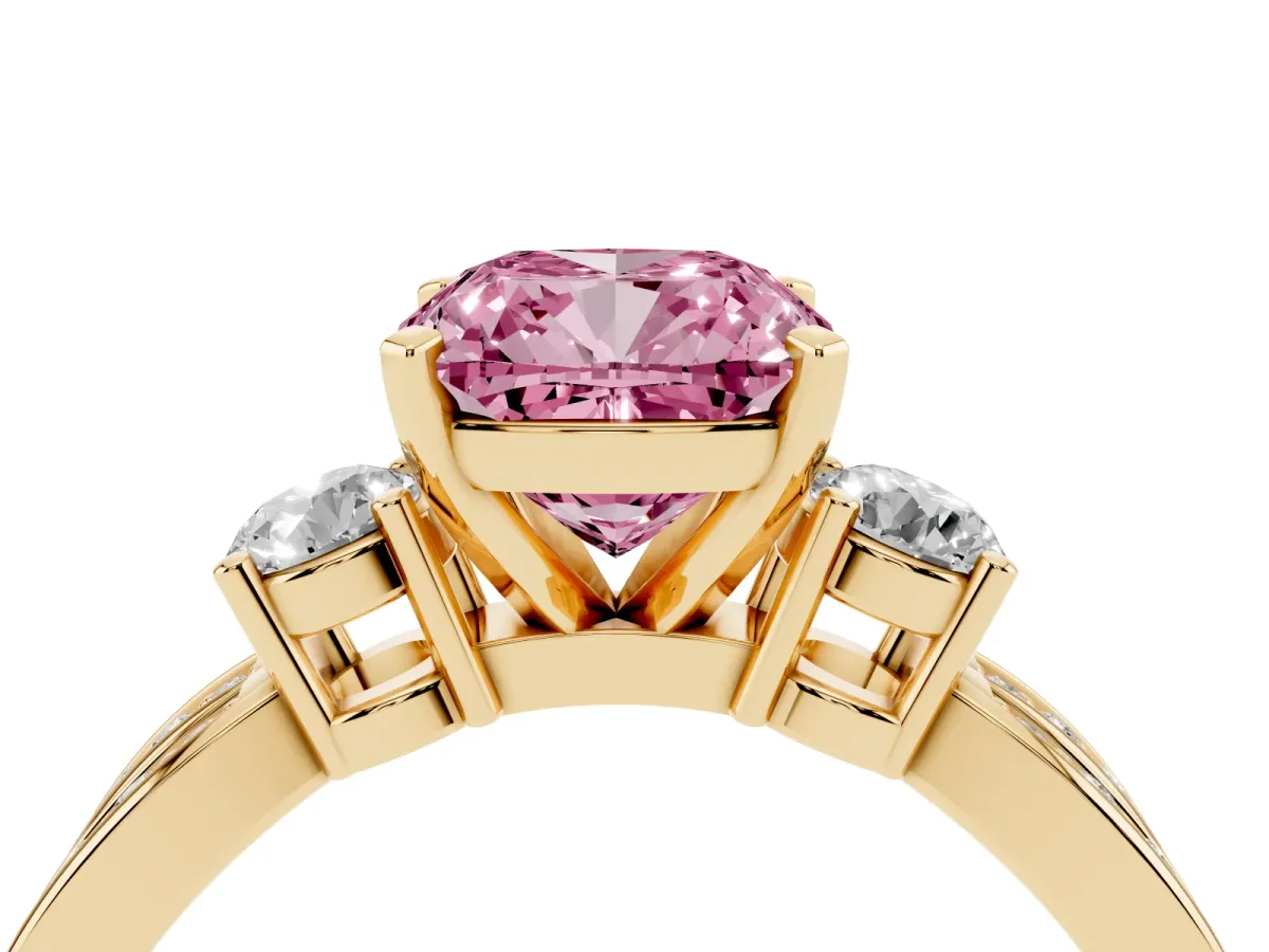 Fancy Pink Three-Stone Cushion Cut Cut Diamond Twist Band with Prong Setting Yellow gold