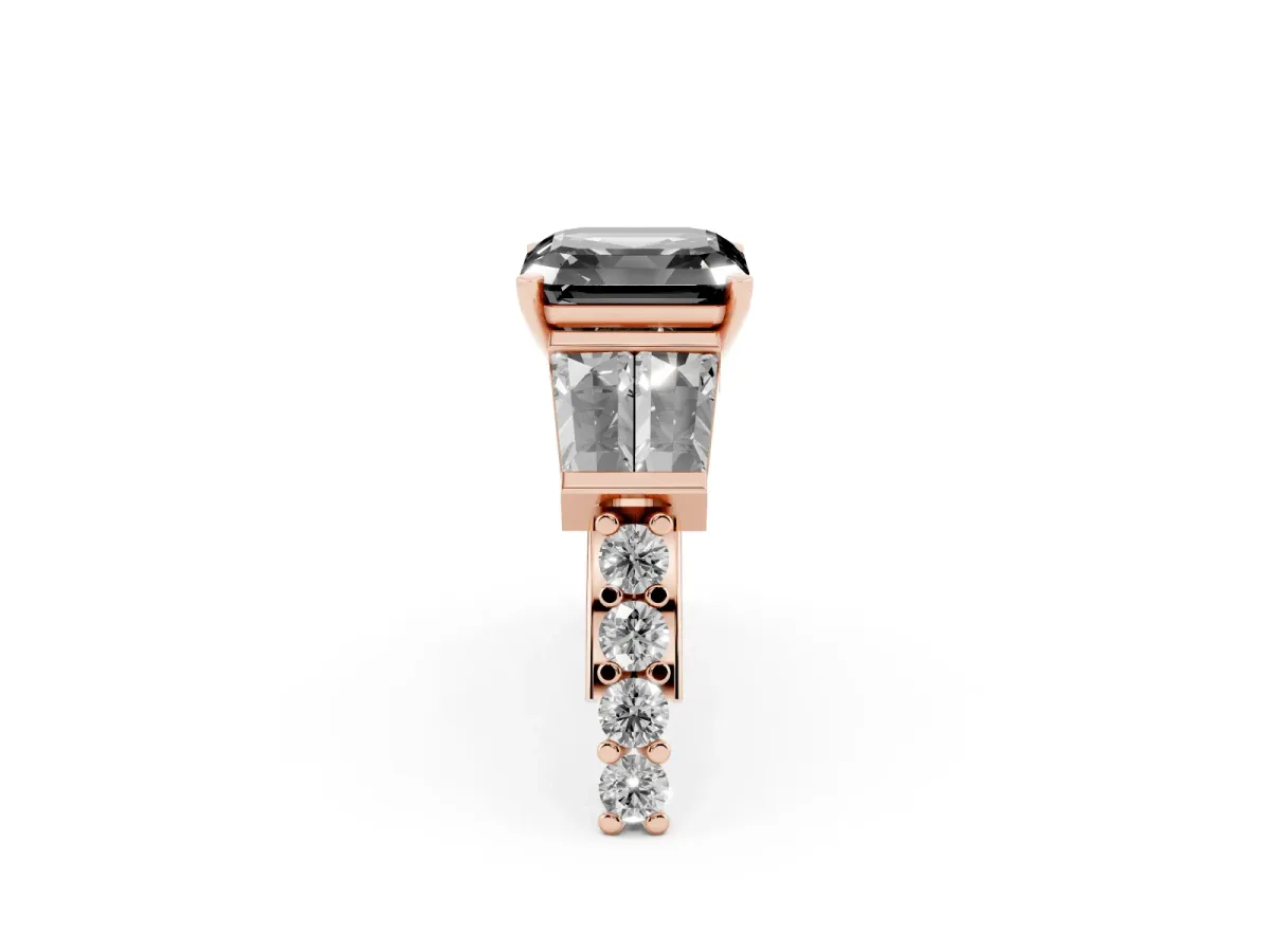 Fancy Black Asscher Cut Diamond Engagement Ring with Baguette Side Stones and Channel Set Band Rose gold