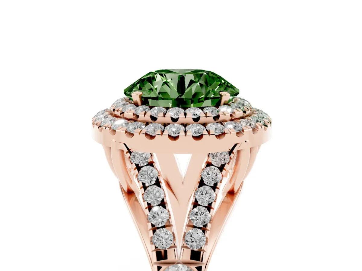 Fancy Green Double Halo Round Cut Diamond Split Shank Engagement Ring with Four-Prong Setting Rose gold