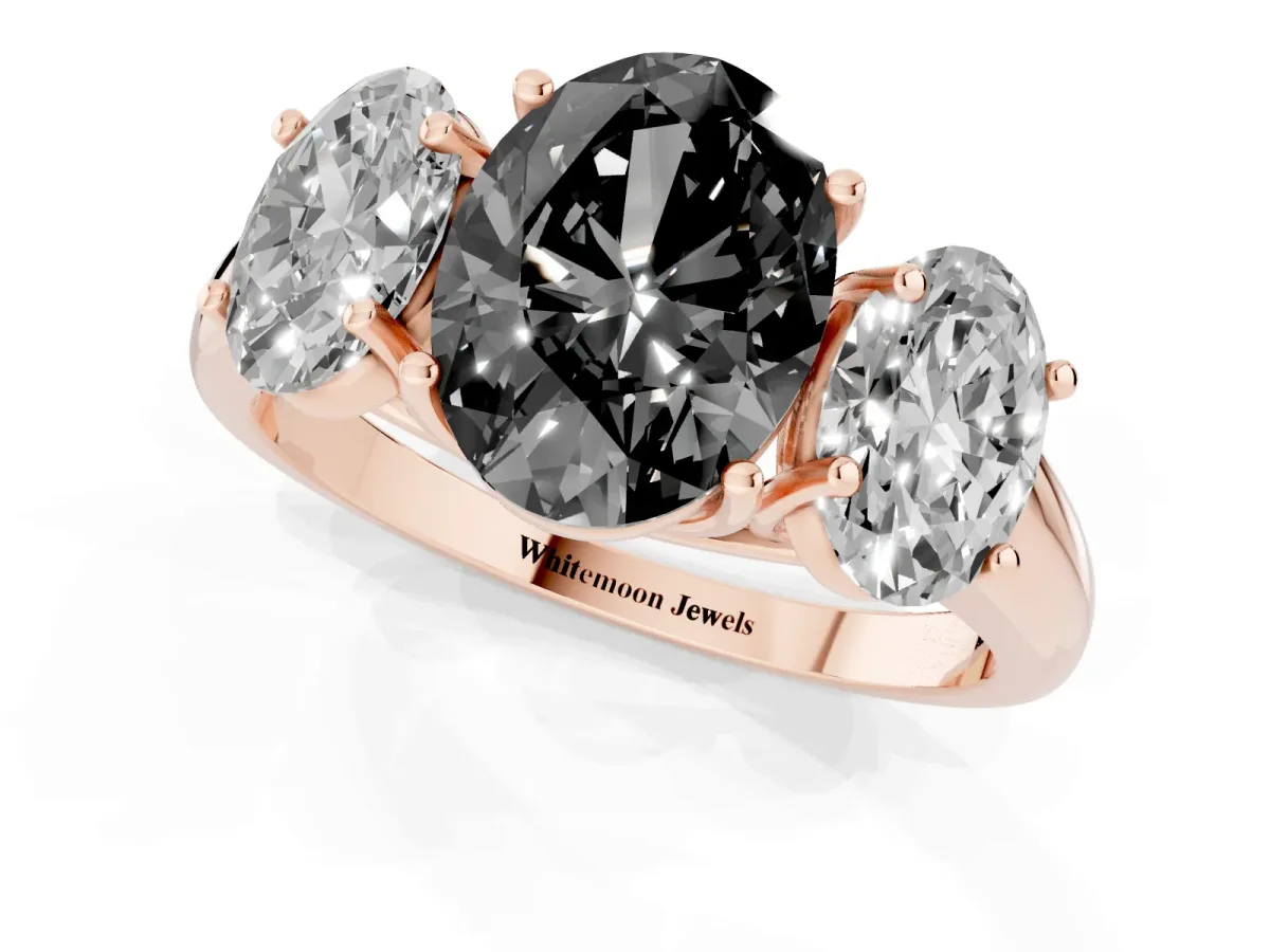 Fancy Black Three-Stone Oval Cut Diamond Engagement Ring with Prong Setting Rose gold