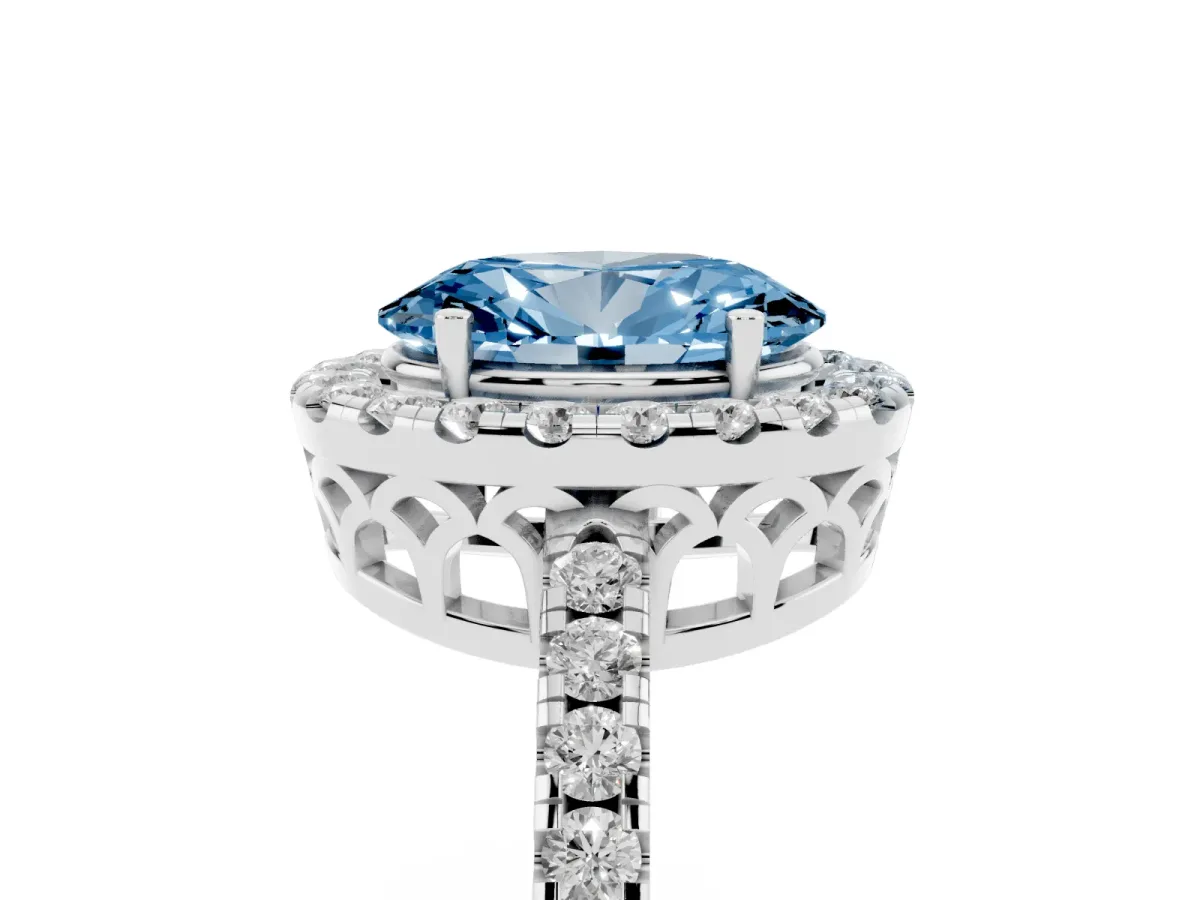 Fancy Blue Oval Cut Halo Diamond Engagement Ring with Pavé Band and Four-Prong Setting White gold