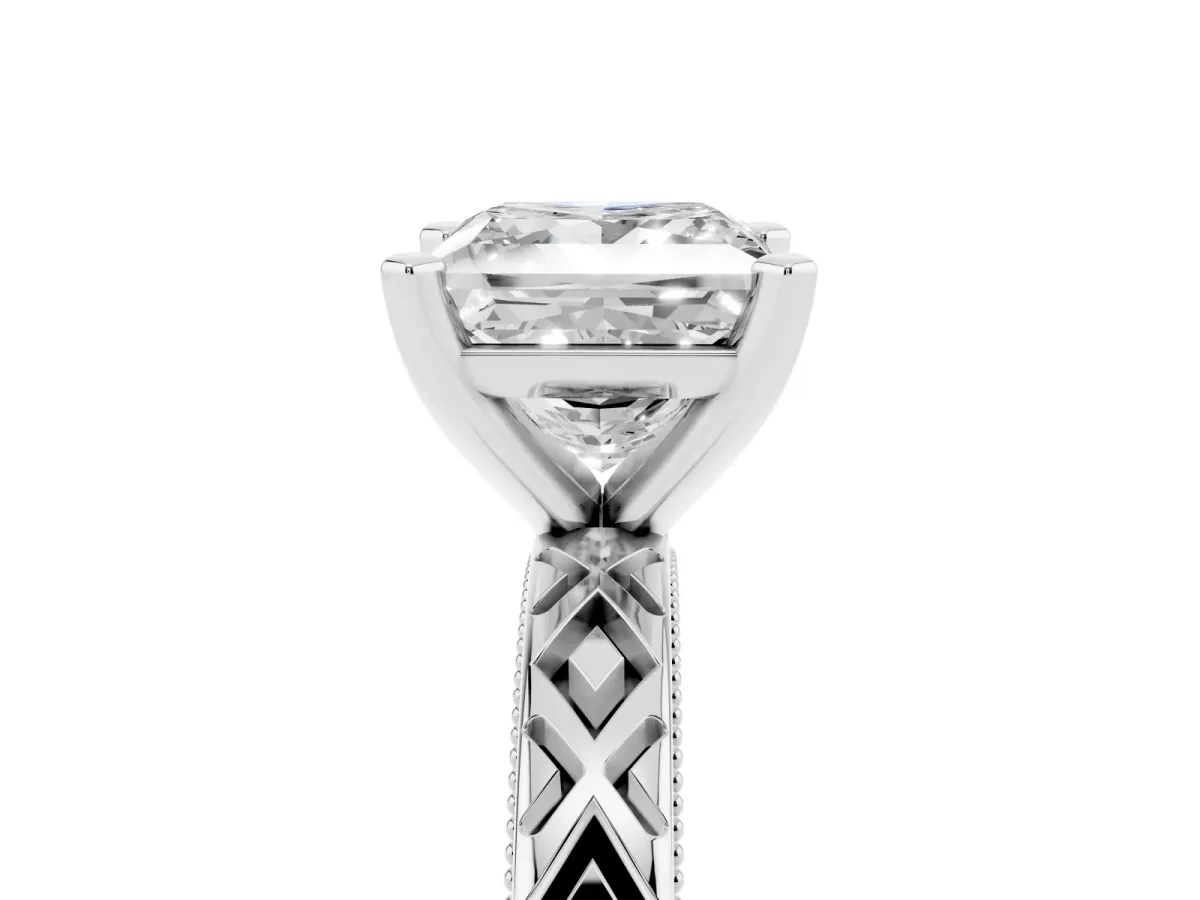 Princess Cut Solitaire Diamond Ring with Milgrain and Black Enamel X Pattern Band Silver