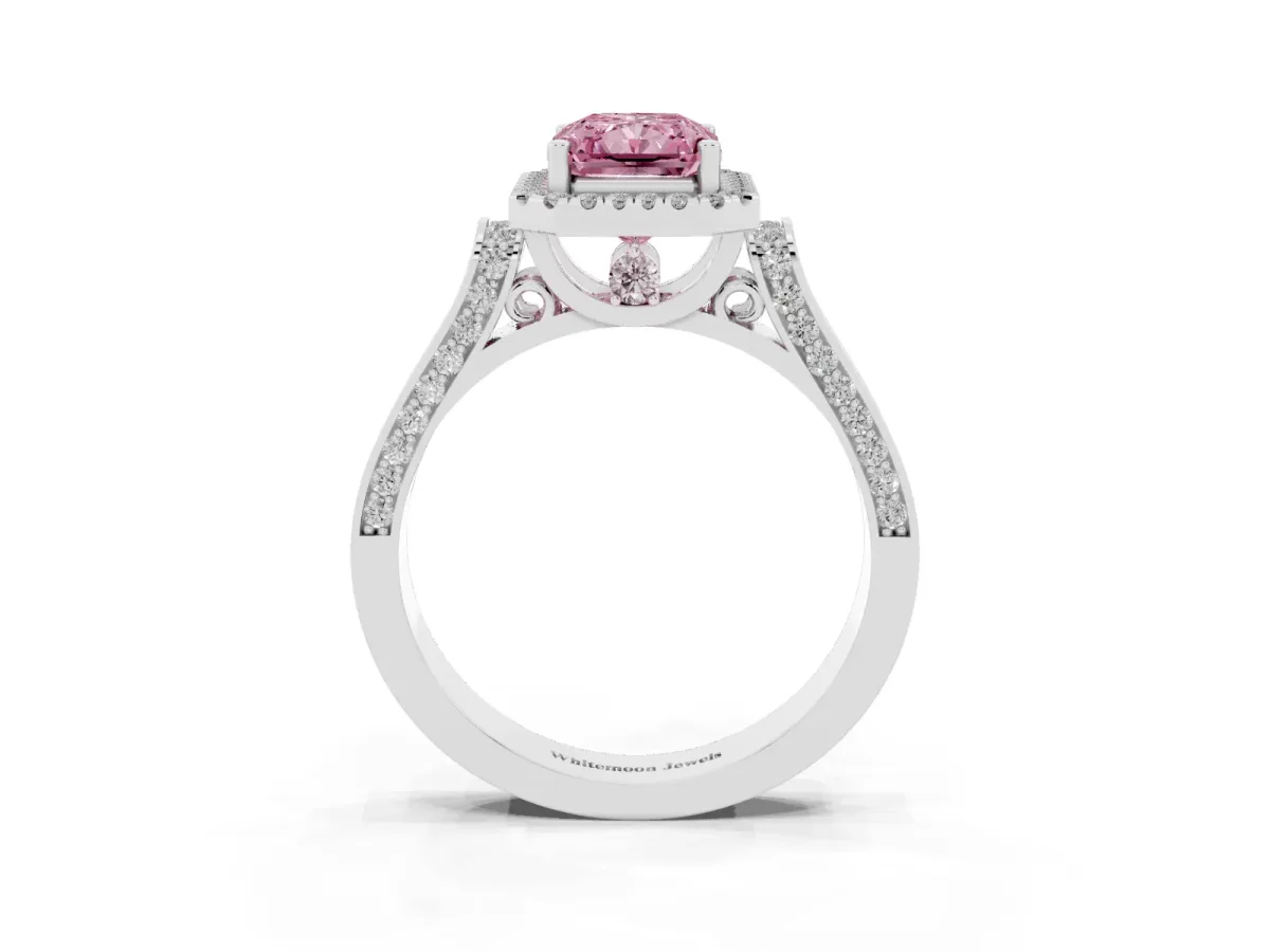 Fancy Pink Radiant Cut Halo Round Diamond Twist Band with Four-Prong Setting White gold