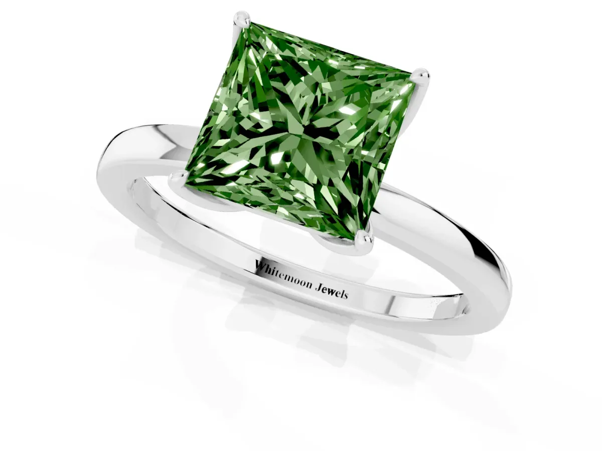 Fancy Green Princess Cut Diamond Solitaire Ring with Thin Band and Prong Setting Silver