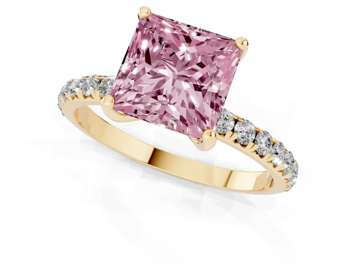 Fancy Pink Princess Cut Cut Diamond Solitaire Ring with Micro Pave Band and Four Prong Setting Yellow gold