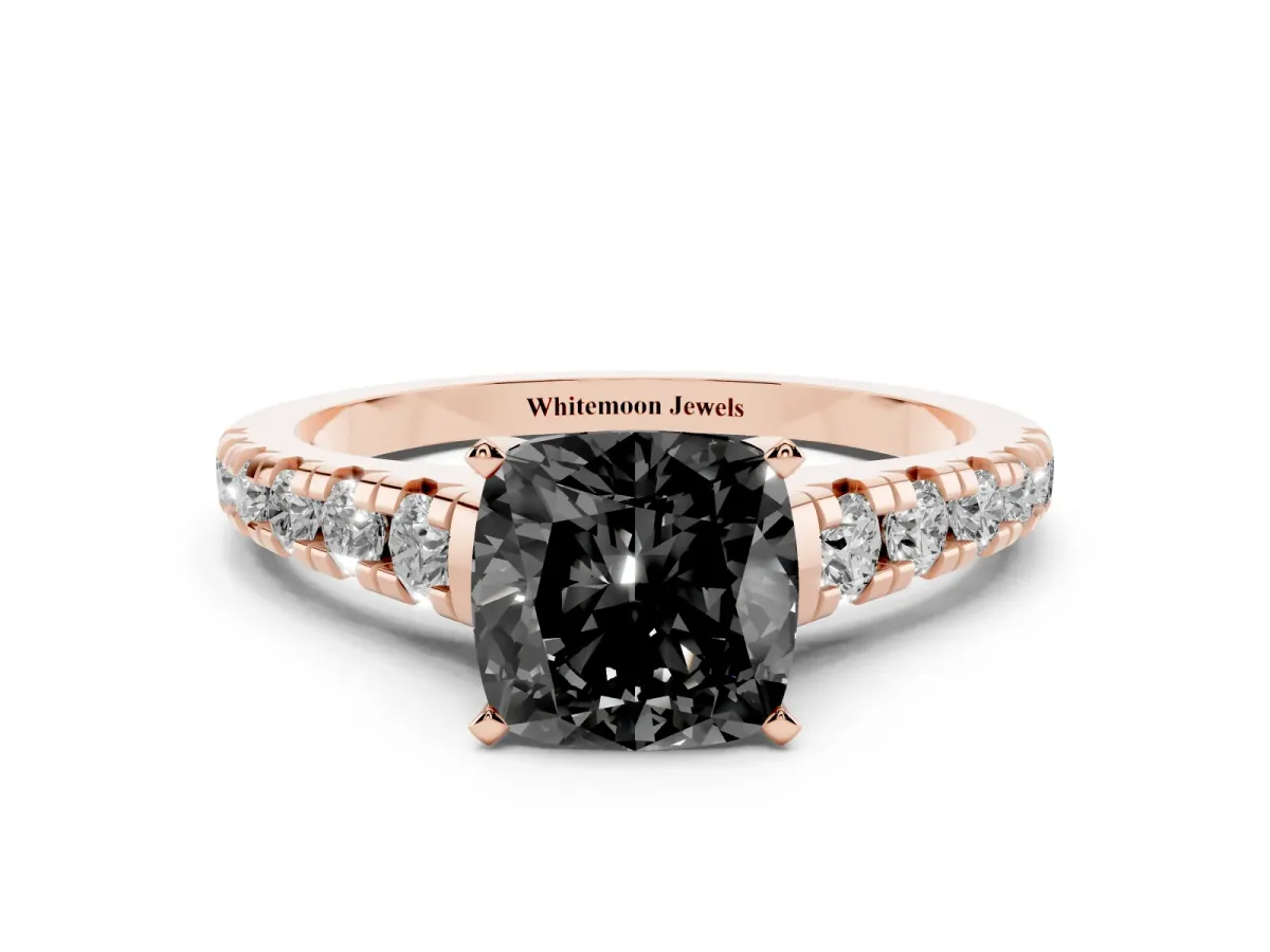 Fancy Black Cushion Cut Diamond Cathedral Solitaire Ring with Round Pavé Band Rose gold