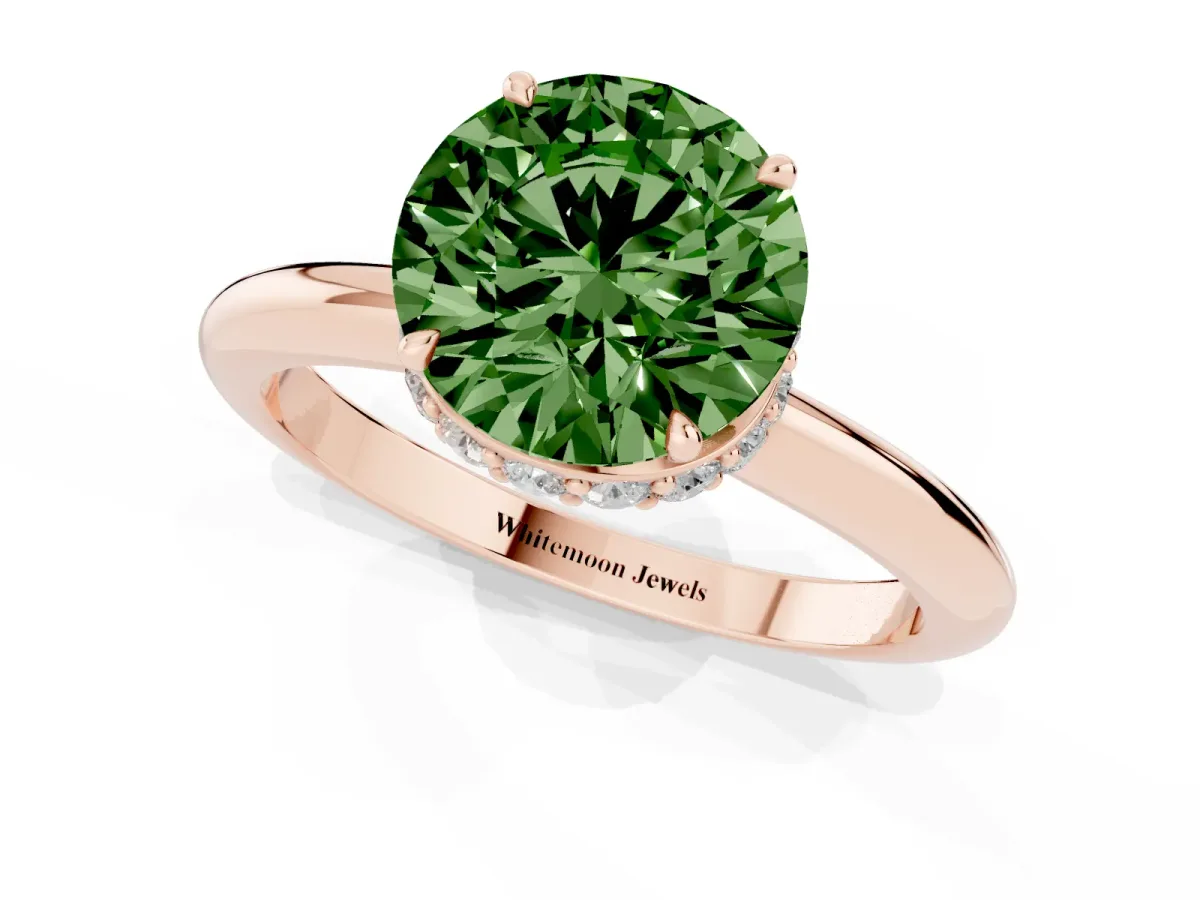 Fancy Green Round Cut Brilliant Solitaire Engagement Ring with Six-Prong Setting and Classic Band Rose gold