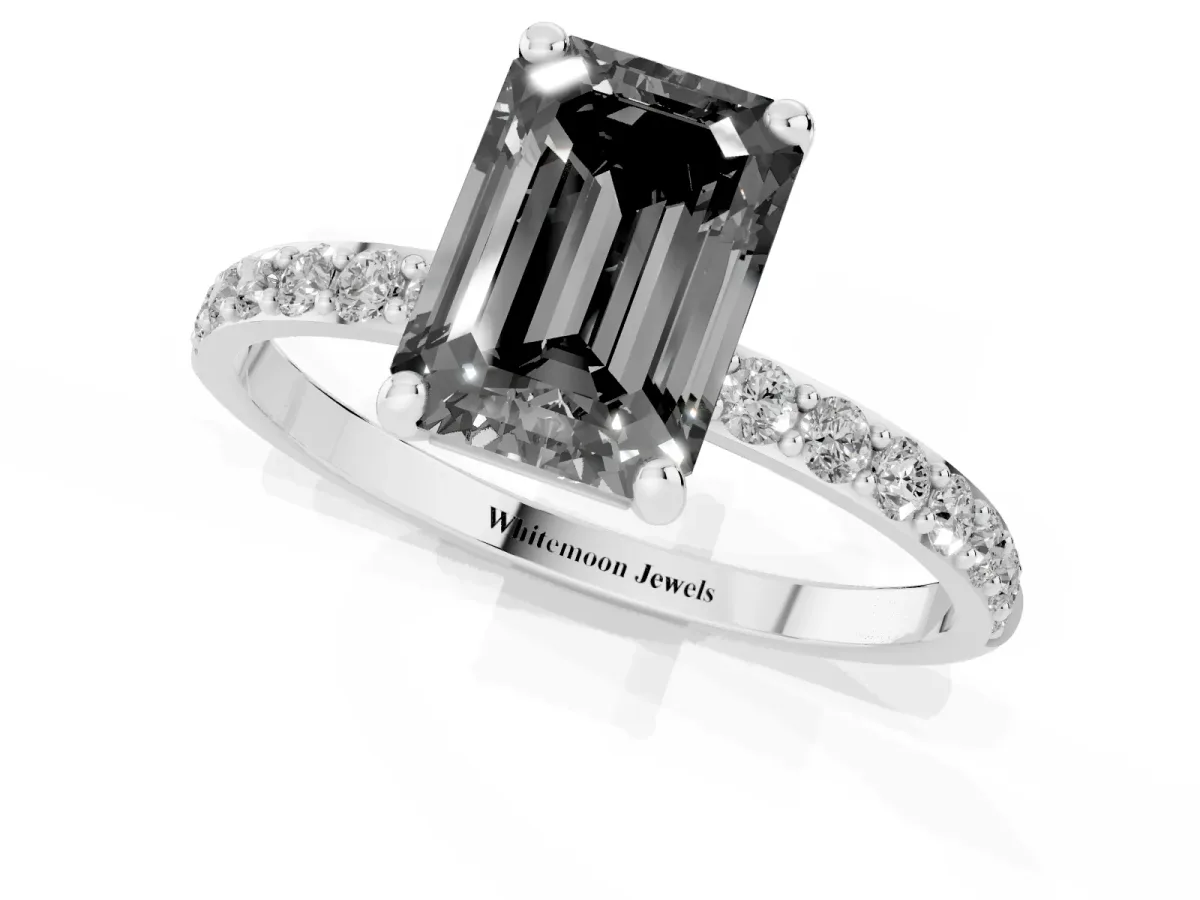 Fancy Black Emerald Cut Diamond Solitaire Ring with Round Pavé Band and Prong Setting Silver