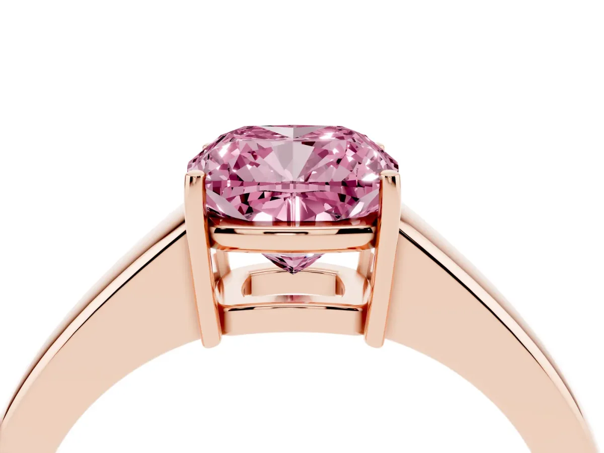 Fancy Pink Cushion Cut Solitaire Diamond Ring with Tapered Band and Four-Prong Setting Rose gold