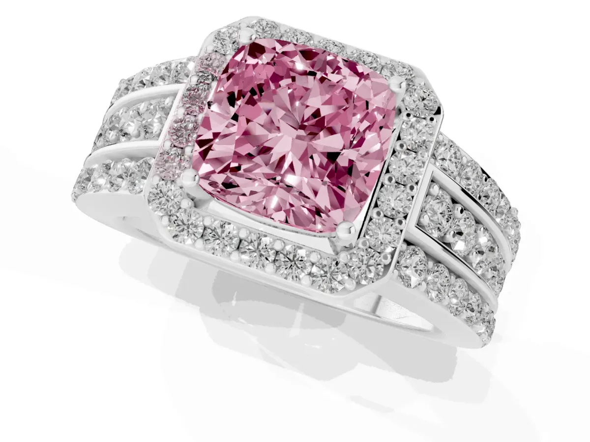 Fancy Pink Cushion Cut Halo Diamond Ring with Round Split Shank and Prong Setting Platinum