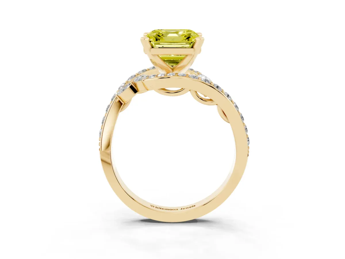 Fancy Yellow Asscher Cut Solitaire with Pavé Twist Band and Four-Prong Setting Yellow gold